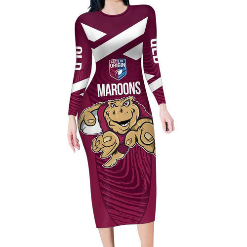 Custom Queensland Rugby Family Matching Long Sleeve Bodycon Dress and Hawaiian Shirt Maroons Cane Toad Origin Sporty