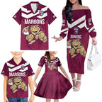 Custom Queensland Rugby Family Matching Off The Shoulder Long Sleeve Dress and Hawaiian Shirt Maroons Cane Toad Origin Sporty