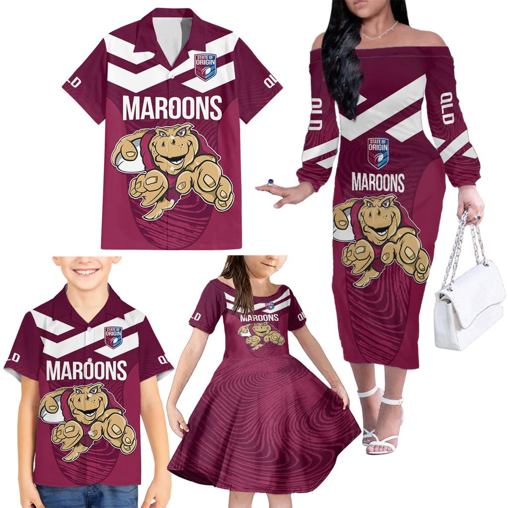 Custom Queensland Rugby Family Matching Off The Shoulder Long Sleeve Dress and Hawaiian Shirt Maroons Cane Toad Origin Sporty