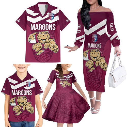 Custom Queensland Rugby Family Matching Off The Shoulder Long Sleeve Dress and Hawaiian Shirt Maroons Cane Toad Origin Sporty