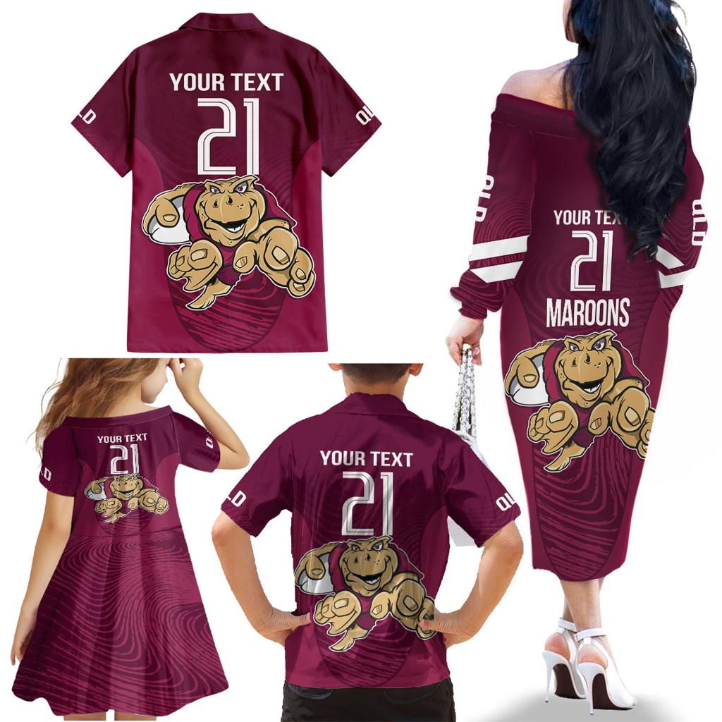 Custom Queensland Rugby Family Matching Off The Shoulder Long Sleeve Dress and Hawaiian Shirt Maroons Cane Toad Origin Sporty
