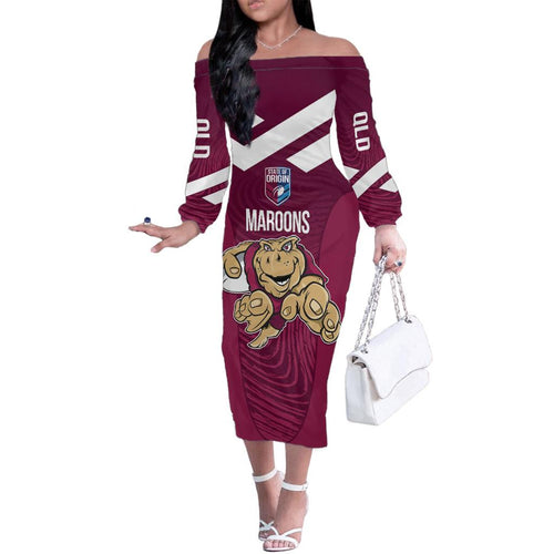 Custom Queensland Rugby Family Matching Off The Shoulder Long Sleeve Dress and Hawaiian Shirt Maroons Cane Toad Origin Sporty