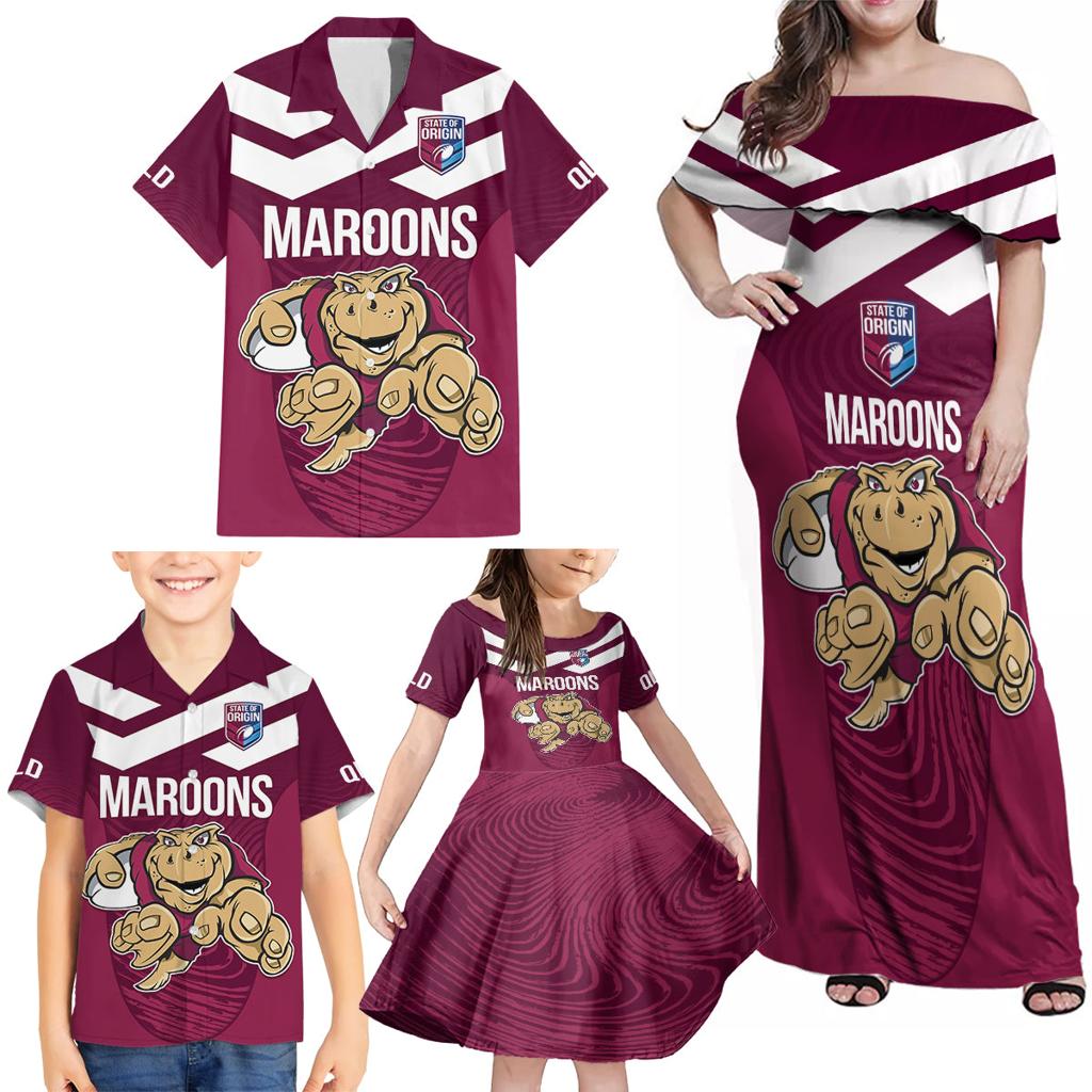 Custom Queensland Rugby Family Matching Off Shoulder Maxi Dress and Hawaiian Shirt Maroons Cane Toad Origin Sporty