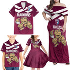 Custom Queensland Rugby Family Matching Off Shoulder Maxi Dress and Hawaiian Shirt Maroons Cane Toad Origin Sporty