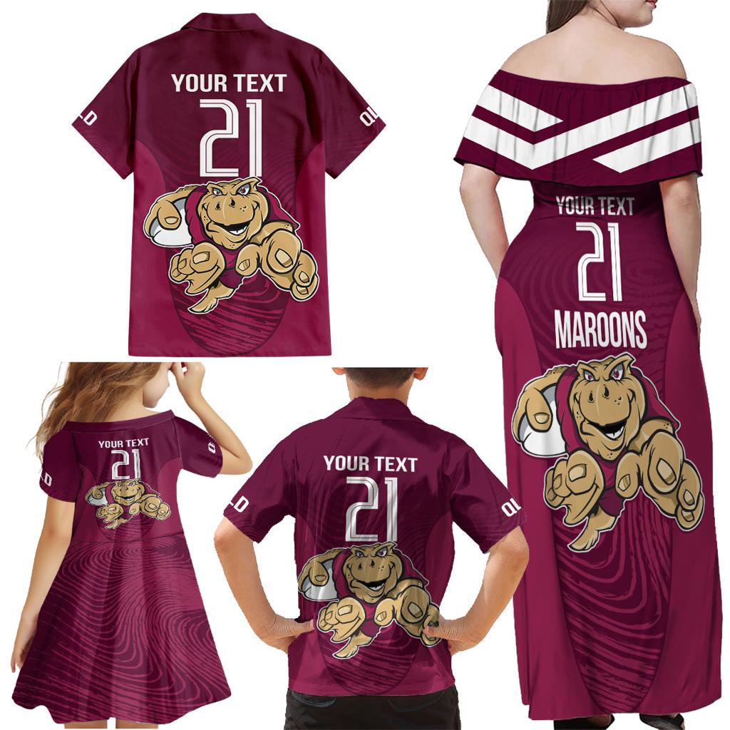 Custom Queensland Rugby Family Matching Off Shoulder Maxi Dress and Hawaiian Shirt Maroons Cane Toad Origin Sporty