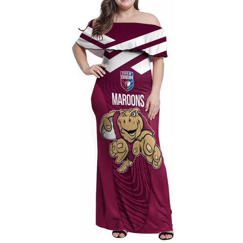 Custom Queensland Rugby Family Matching Off Shoulder Maxi Dress and Hawaiian Shirt Maroons Cane Toad Origin Sporty