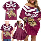 Custom Queensland Rugby Family Matching Off Shoulder Short Dress and Hawaiian Shirt Maroons Cane Toad Origin Sporty