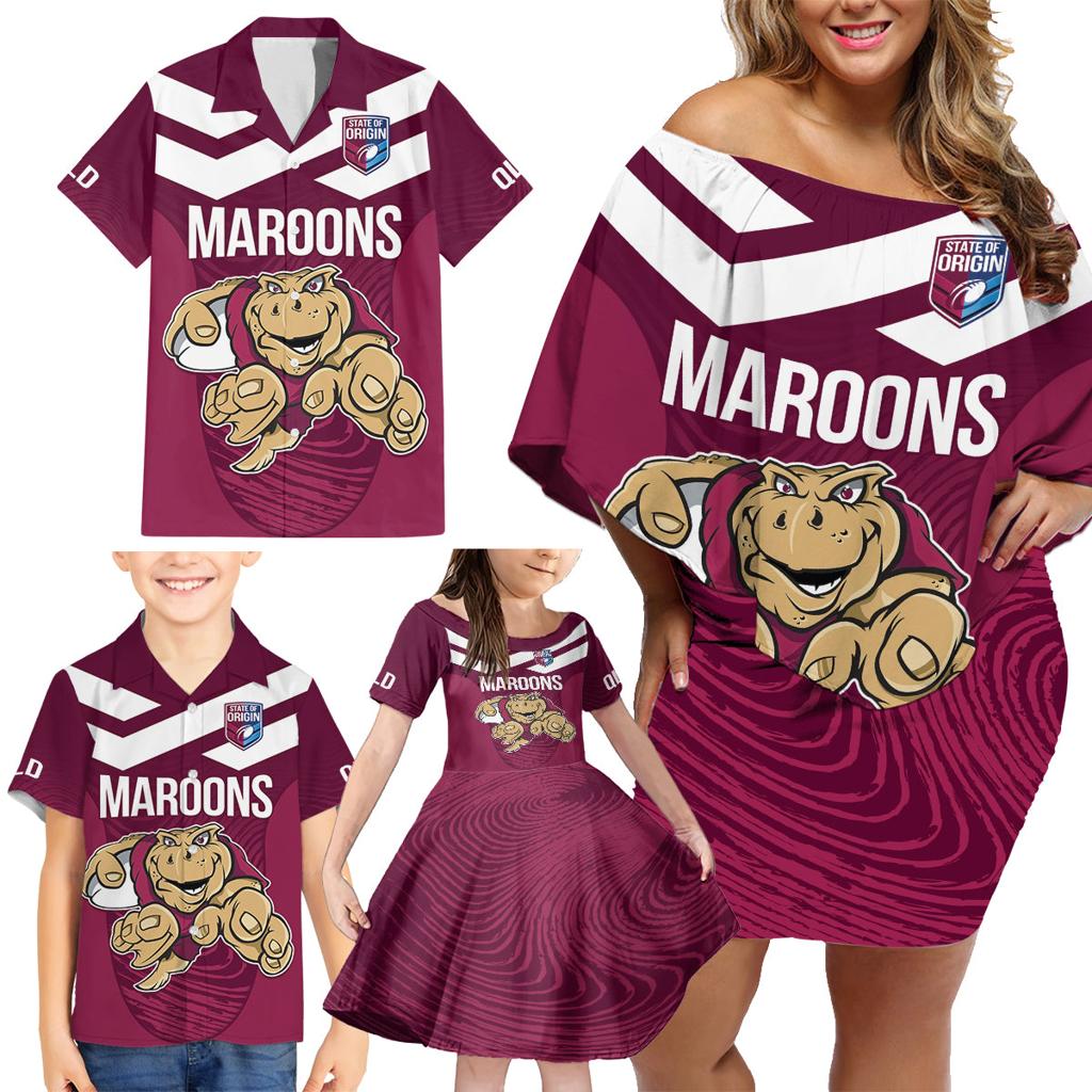 Custom Queensland Rugby Family Matching Off Shoulder Short Dress and Hawaiian Shirt Maroons Cane Toad Origin Sporty