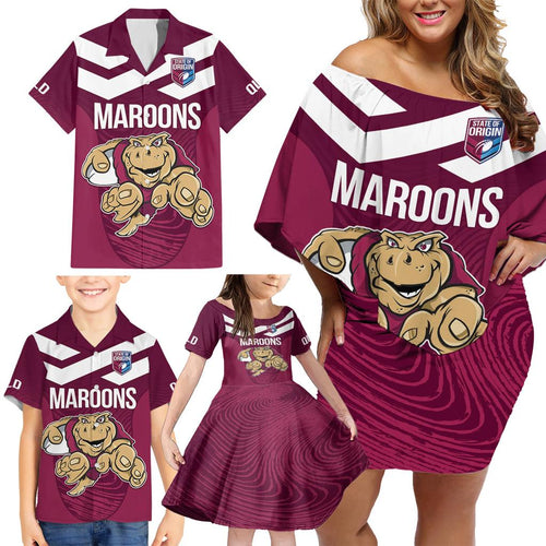 Custom Queensland Rugby Family Matching Off Shoulder Short Dress and Hawaiian Shirt Maroons Cane Toad Origin Sporty