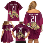 Custom Queensland Rugby Family Matching Off Shoulder Short Dress and Hawaiian Shirt Maroons Cane Toad Origin Sporty