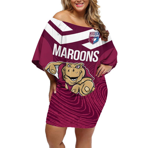 Custom Queensland Rugby Family Matching Off Shoulder Short Dress and Hawaiian Shirt Maroons Cane Toad Origin Sporty