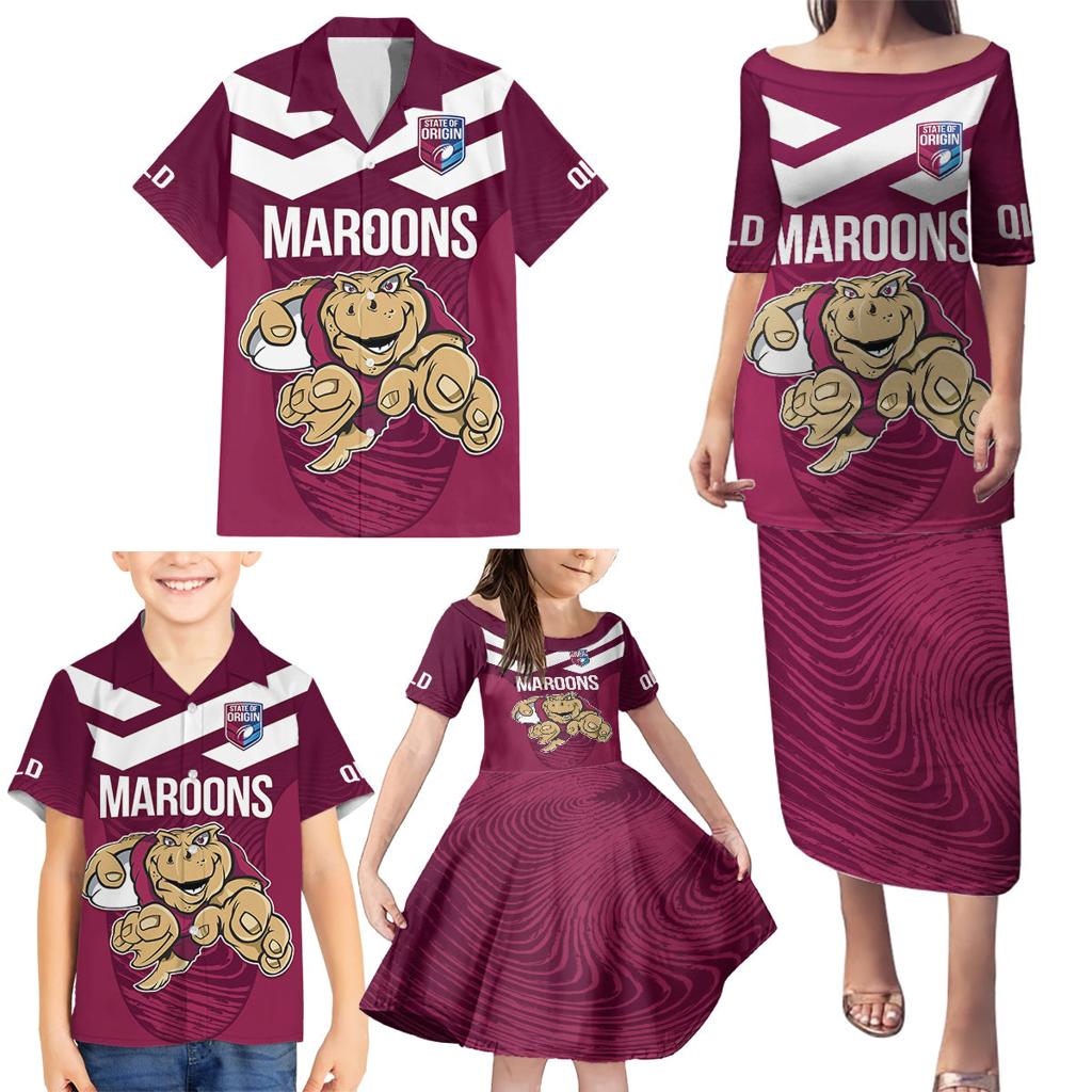 Custom Queensland Rugby Family Matching Puletasi and Hawaiian Shirt Maroons Cane Toad Origin Sporty