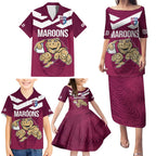 Custom Queensland Rugby Family Matching Puletasi and Hawaiian Shirt Maroons Cane Toad Origin Sporty