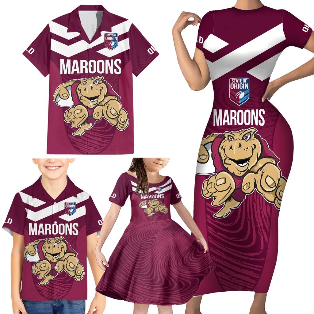 Custom Queensland Rugby Family Matching Short Sleeve Bodycon Dress and Hawaiian Shirt Maroons Cane Toad Origin Sporty
