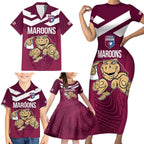 Custom Queensland Rugby Family Matching Short Sleeve Bodycon Dress and Hawaiian Shirt Maroons Cane Toad Origin Sporty