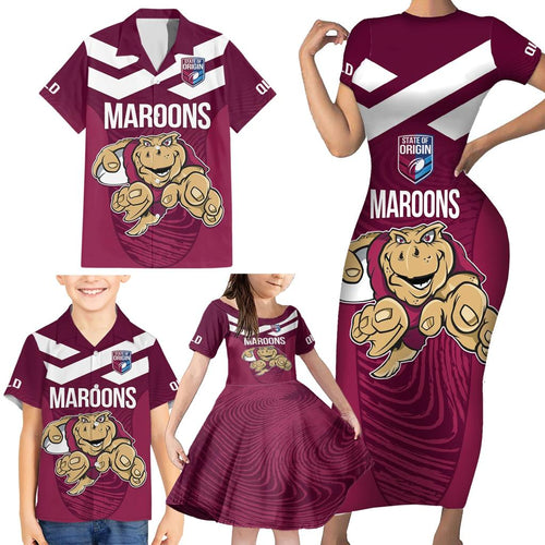 Custom Queensland Rugby Family Matching Short Sleeve Bodycon Dress and Hawaiian Shirt Maroons Cane Toad Origin Sporty