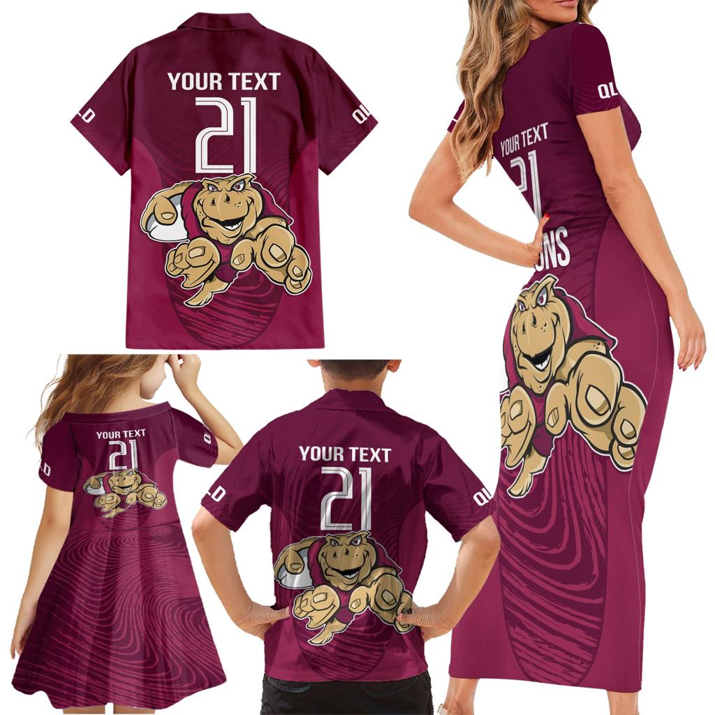 Custom Queensland Rugby Family Matching Short Sleeve Bodycon Dress and Hawaiian Shirt Maroons Cane Toad Origin Sporty