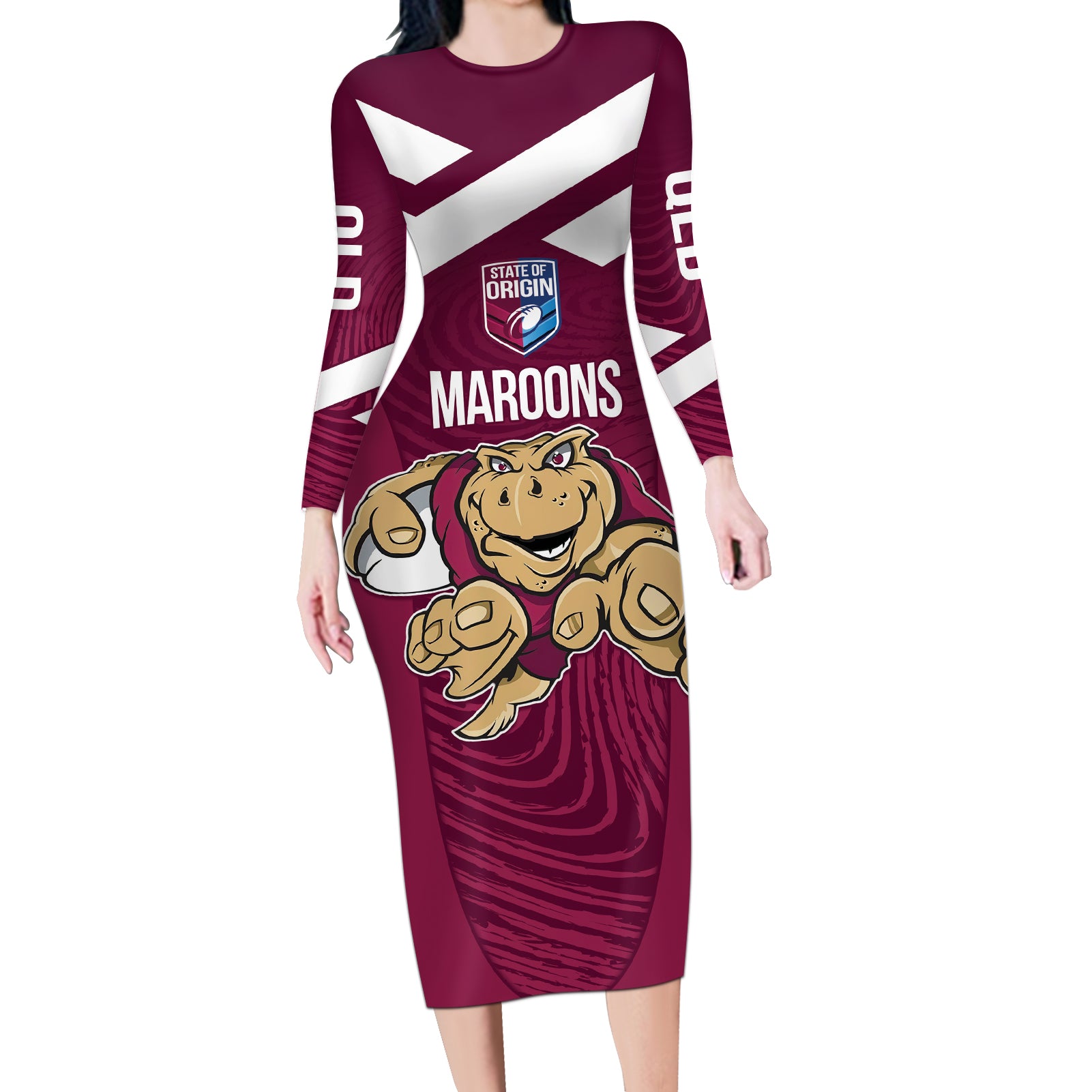 Custom Queensland Rugby Long Sleeve Bodycon Dress Maroons Cane Toad Origin Sporty