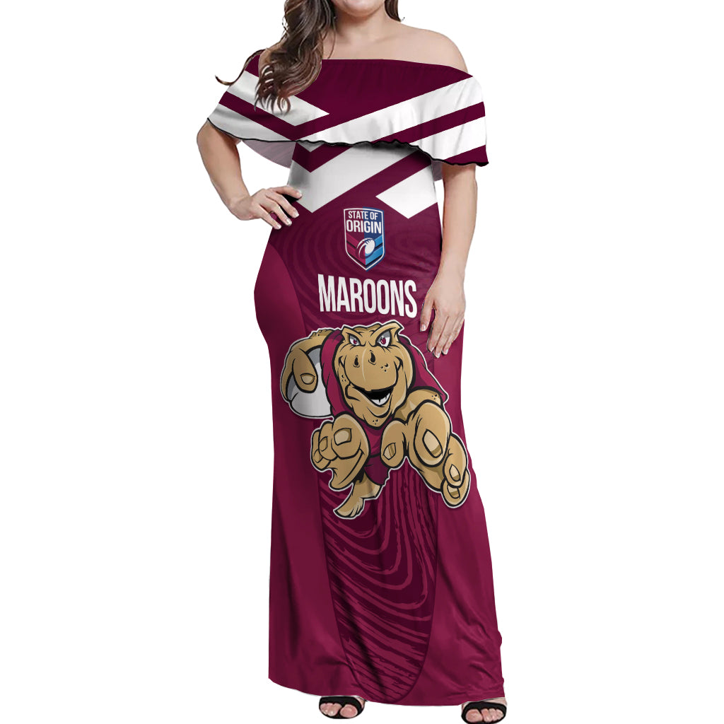 Custom Queensland Rugby Off Shoulder Maxi Dress Maroons Cane Toad Origin Sporty