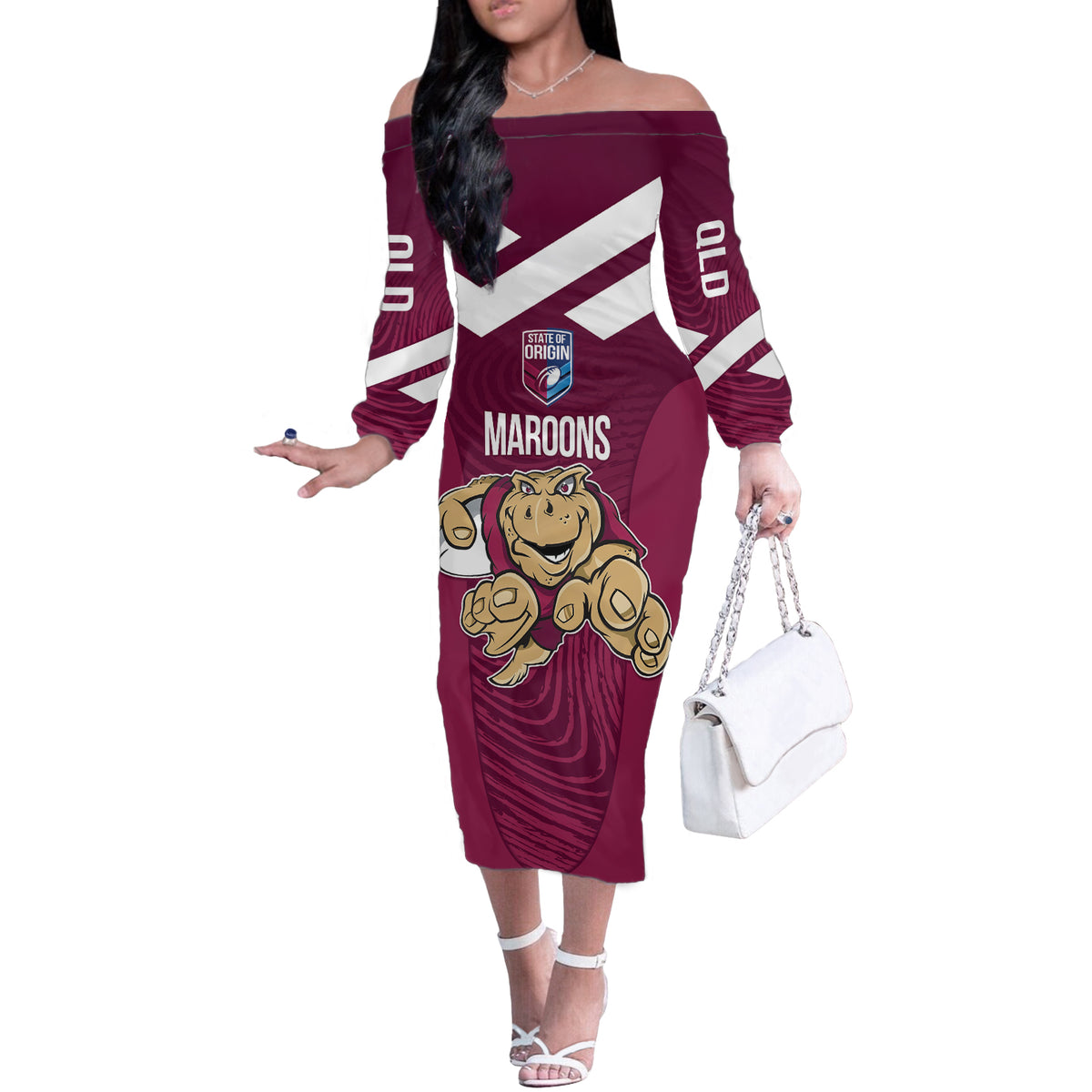 Custom Queensland Rugby Off The Shoulder Long Sleeve Dress Maroons Cane Toad Origin Sporty
