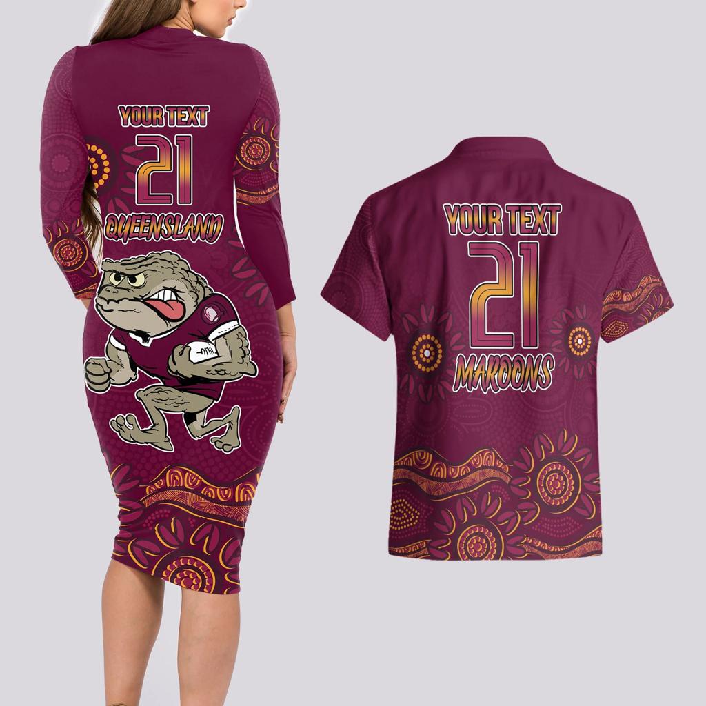 Custom QLD Maroons Cane Toad Blooded Aboriginal Inspired Couples Matching Long Sleeve Bodycon Dress and Hawaiian Shirt