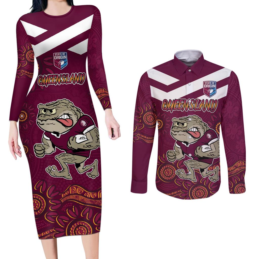 Custom QLD Maroons Cane Toad Blooded Aboriginal Inspired Couples Matching Long Sleeve Bodycon Dress and Long Sleeve Button Shirt