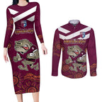 Custom QLD Maroons Cane Toad Blooded Aboriginal Inspired Couples Matching Long Sleeve Bodycon Dress and Long Sleeve Button Shirt