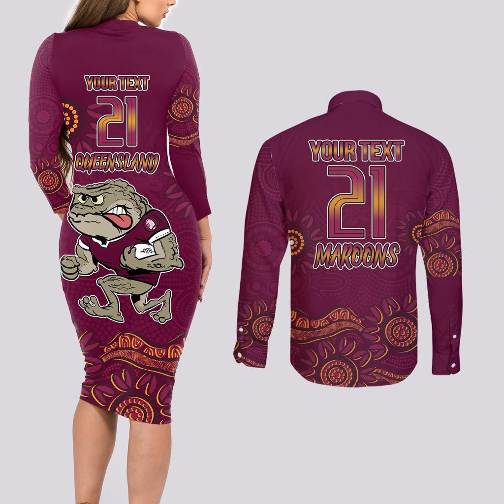 Custom QLD Maroons Cane Toad Blooded Aboriginal Inspired Couples Matching Long Sleeve Bodycon Dress and Long Sleeve Button Shirt