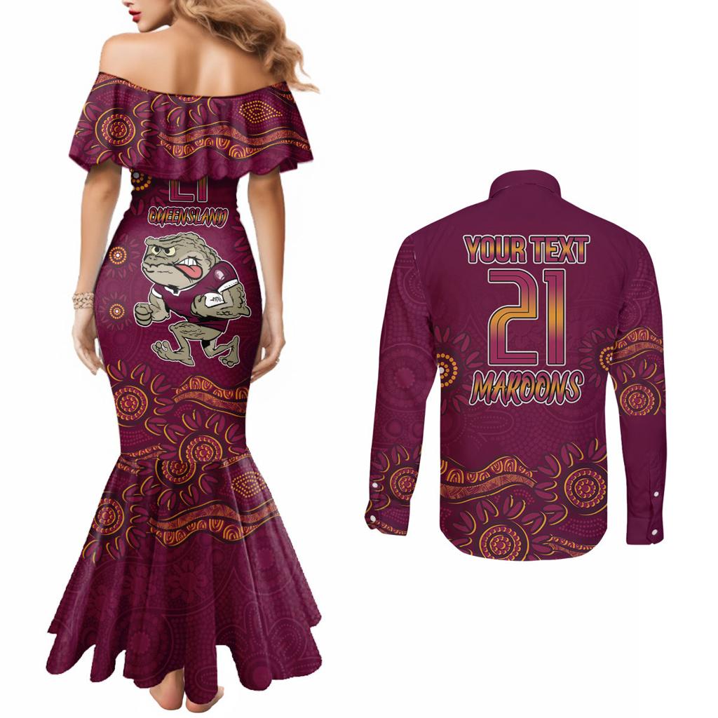 Custom QLD Maroons Cane Toad Blooded Aboriginal Inspired Couples Matching Mermaid Dress and Long Sleeve Button Shirt