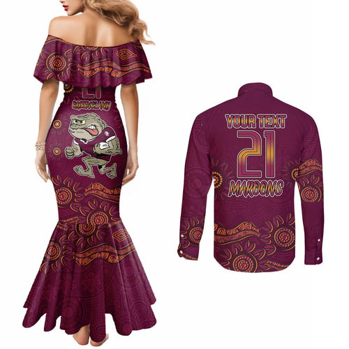 Custom QLD Maroons Cane Toad Blooded Aboriginal Inspired Couples Matching Mermaid Dress and Long Sleeve Button Shirt