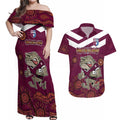 Custom QLD Maroons Cane Toad Blooded Aboriginal Inspired Couples Matching Off Shoulder Maxi Dress and Hawaiian Shirt