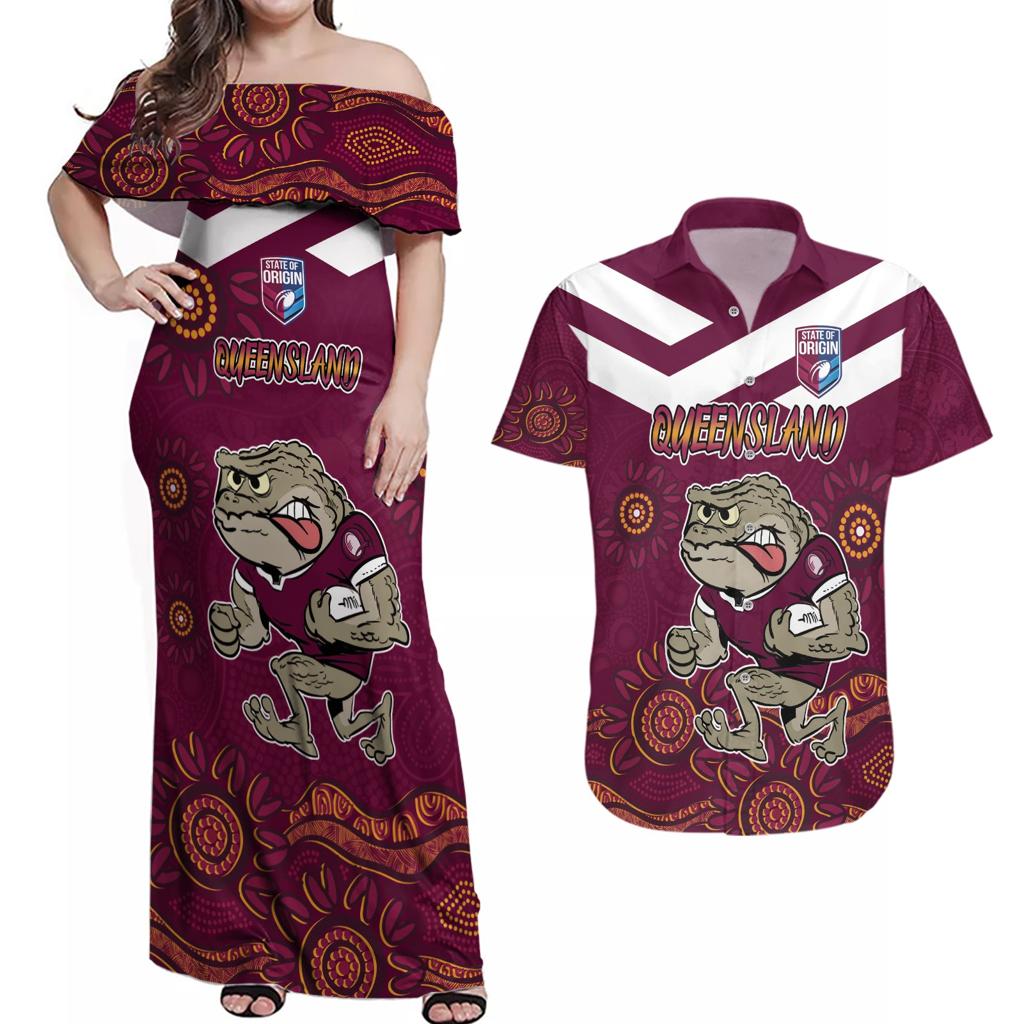 Custom QLD Maroons Cane Toad Blooded Aboriginal Inspired Couples Matching Off Shoulder Maxi Dress and Hawaiian Shirt