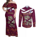 Custom QLD Maroons Cane Toad Blooded Aboriginal Inspired Couples Matching Off Shoulder Maxi Dress and Long Sleeve Button Shirt