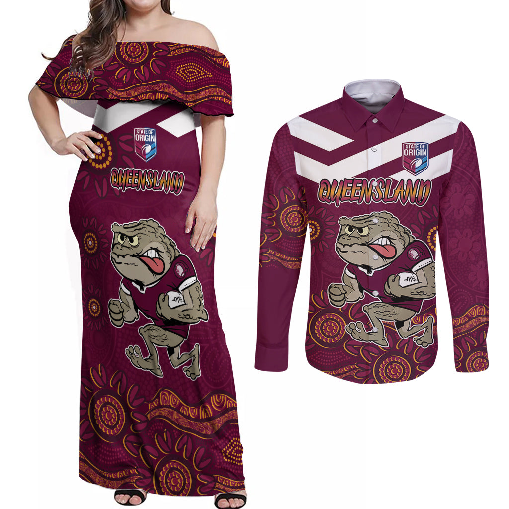Custom QLD Maroons Cane Toad Blooded Aboriginal Inspired Couples Matching Off Shoulder Maxi Dress and Long Sleeve Button Shirt