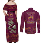 Custom QLD Maroons Cane Toad Blooded Aboriginal Inspired Couples Matching Off Shoulder Maxi Dress and Long Sleeve Button Shirt