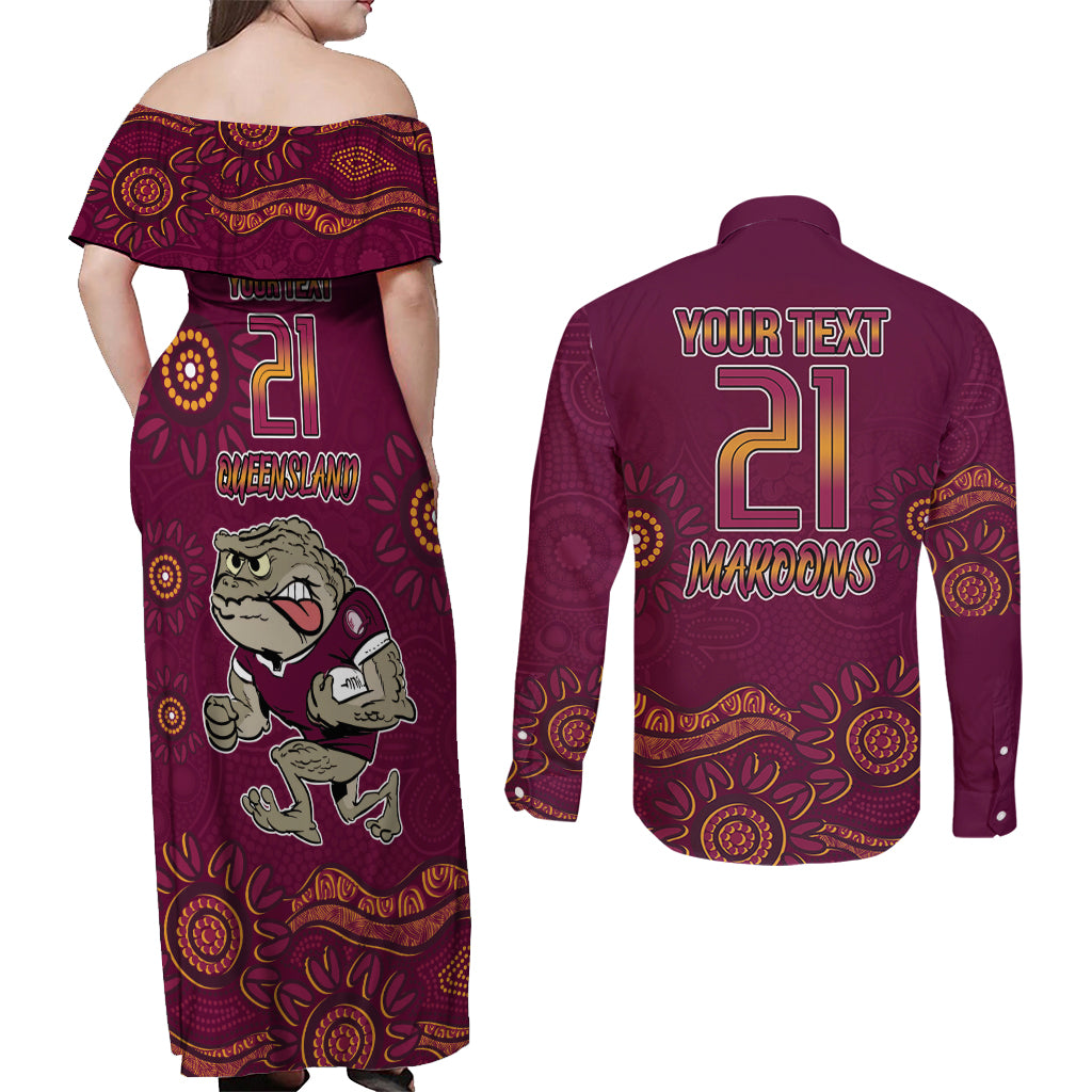 Custom QLD Maroons Cane Toad Blooded Aboriginal Inspired Couples Matching Off Shoulder Maxi Dress and Long Sleeve Button Shirt
