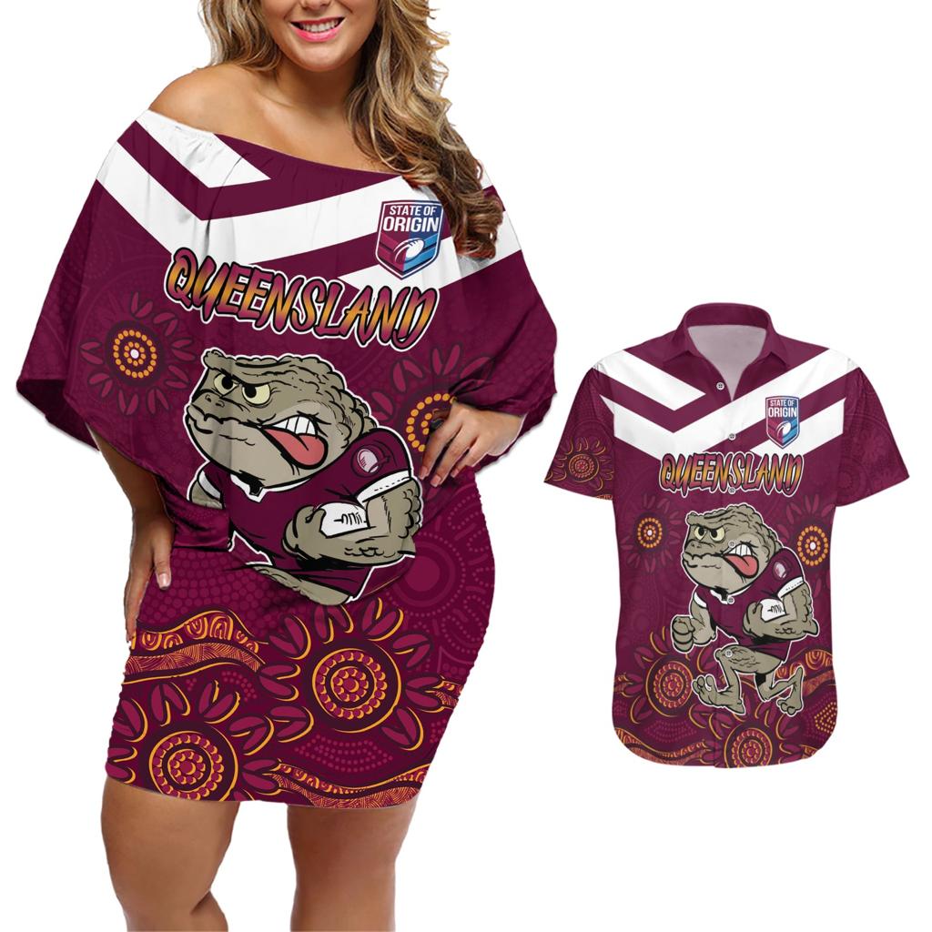 Custom QLD Maroons Cane Toad Blooded Aboriginal Inspired Couples Matching Off Shoulder Short Dress and Hawaiian Shirt