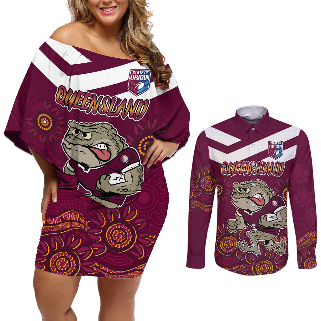 Custom QLD Maroons Cane Toad Blooded Aboriginal Inspired Couples Matching Off Shoulder Short Dress and Long Sleeve Button Shirt