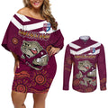 Custom QLD Maroons Cane Toad Blooded Aboriginal Inspired Couples Matching Off Shoulder Short Dress and Long Sleeve Button Shirt