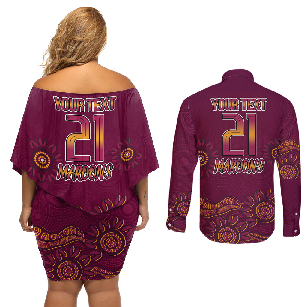 Custom QLD Maroons Cane Toad Blooded Aboriginal Inspired Couples Matching Off Shoulder Short Dress and Long Sleeve Button Shirt