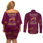 Custom QLD Maroons Cane Toad Blooded Aboriginal Inspired Couples Matching Off Shoulder Short Dress and Long Sleeve Button Shirt