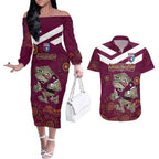 Custom QLD Maroons Cane Toad Blooded Aboriginal Inspired Couples Matching Off The Shoulder Long Sleeve Dress and Hawaiian Shirt