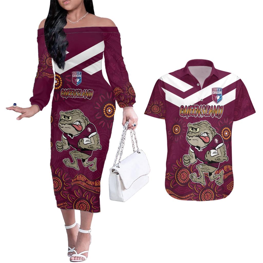 Custom QLD Maroons Cane Toad Blooded Aboriginal Inspired Couples Matching Off The Shoulder Long Sleeve Dress and Hawaiian Shirt
