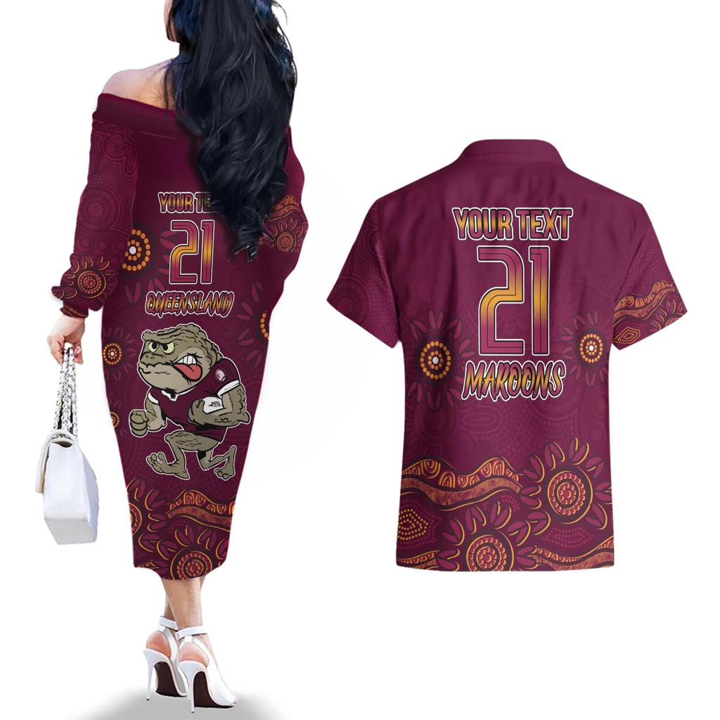Custom QLD Maroons Cane Toad Blooded Aboriginal Inspired Couples Matching Off The Shoulder Long Sleeve Dress and Hawaiian Shirt