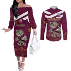 Custom QLD Maroons Cane Toad Blooded Aboriginal Inspired Couples Matching Off The Shoulder Long Sleeve Dress and Long Sleeve Button Shirt