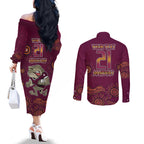 Custom QLD Maroons Cane Toad Blooded Aboriginal Inspired Couples Matching Off The Shoulder Long Sleeve Dress and Long Sleeve Button Shirt