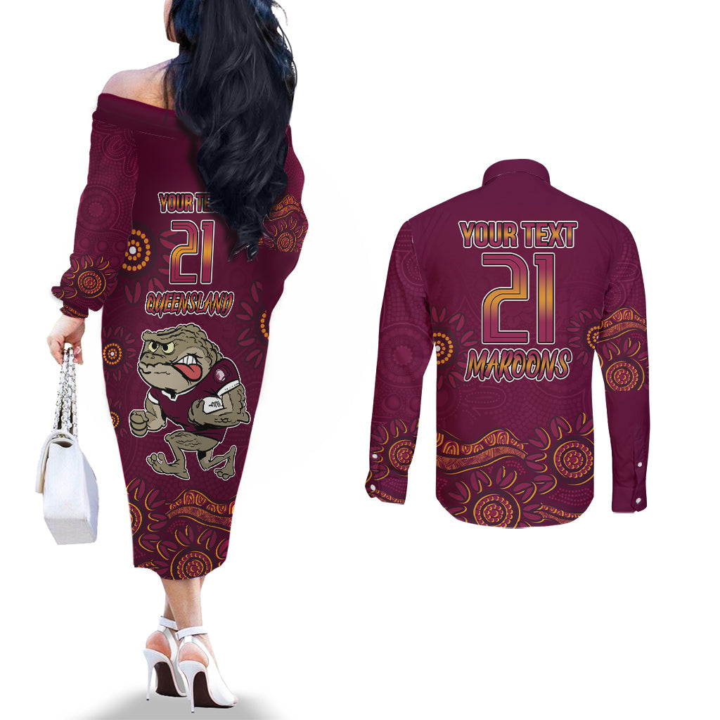 Custom QLD Maroons Cane Toad Blooded Aboriginal Inspired Couples Matching Off The Shoulder Long Sleeve Dress and Long Sleeve Button Shirt