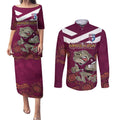 Custom QLD Maroons Cane Toad Blooded Aboriginal Inspired Couples Matching Puletasi and Long Sleeve Button Shirt