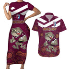 Custom QLD Maroons Cane Toad Blooded Aboriginal Inspired Couples Matching Short Sleeve Bodycon Dress and Hawaiian Shirt