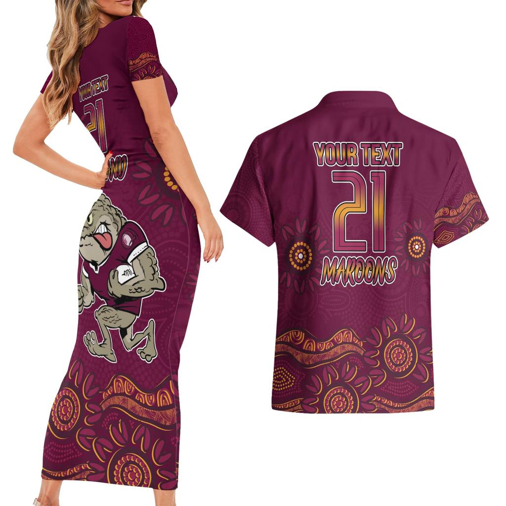 Custom QLD Maroons Cane Toad Blooded Aboriginal Inspired Couples Matching Short Sleeve Bodycon Dress and Hawaiian Shirt